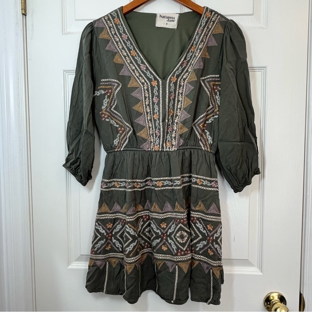Savanna Jane Geometric Embroidered Patterned Olive Green Mini Dress Size Medium